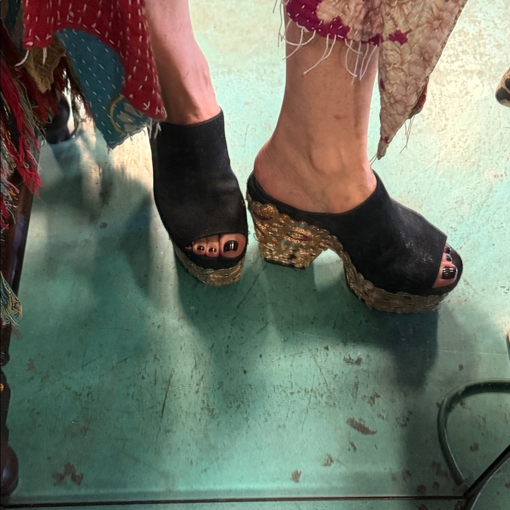 Steve Madden Black Mules with Gold Platform